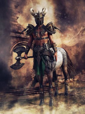 Centaur warrior wearing a battle armour and helmet and holding an axe in his hand. 3D render. clipart