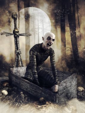 Gecenin bir yarısı ormanda mezarlıktan yükselen ürkütücü bir vampir. 3d hazırlayıcı.