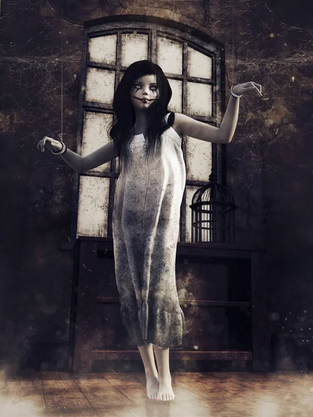 Призрак Маленькой Девочки Появляется Старом Заброшенном Доме Ночью Рендеринг — стоковое фото