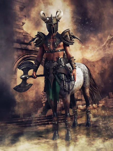 Centaur warrior wearing a battle armour and helmet and holding an axe in his hand. 3D render.