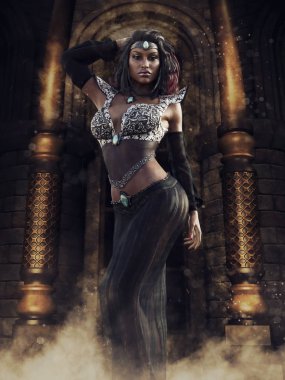 Doğulu bir tapınakta dans eden bir kadının olduğu fantezi sahnesi. 3d hazırlayıcı.