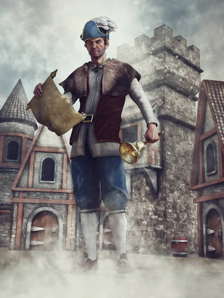 Fantasy town crier with a scroll and bell standing in the center of a medieval village. 3D render.