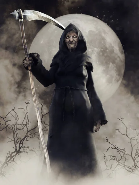 Fantasy Scene Old Witch Holding Scythe Standing Fog Full Moon — Stock Photo, Image