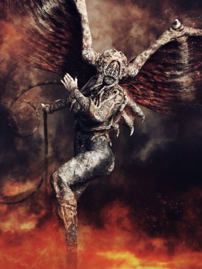 Ateş ve duman bulutlarından çıkan kanatları ve dokunaçları olan fantezi canavarı. 3d hazırlayıcı.