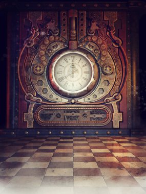 Kırmızı ışık ve sisli eski bir odada Steampunk saati. 3d hazırlayıcı.