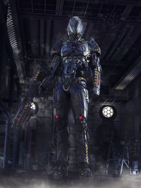 Dark Scene Futuristic Soldier Standing Warehouse Weapon His Hand Render — 스톡 사진