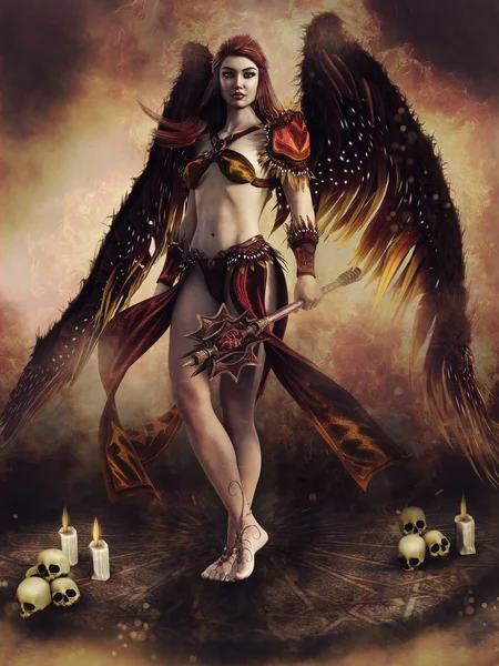 Fantasy Scene Angel Holding Mace Her Hand Standing Skulls Candles — Stock Photo, Image