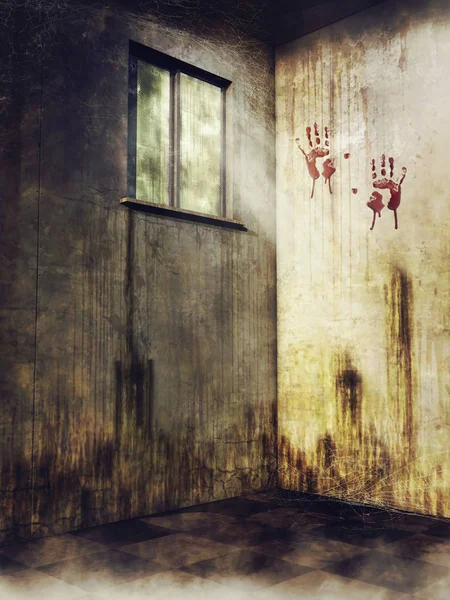 Old Abandoned Room Blood Prints Wall Cobwebs Corners Render — Stock Photo, Image