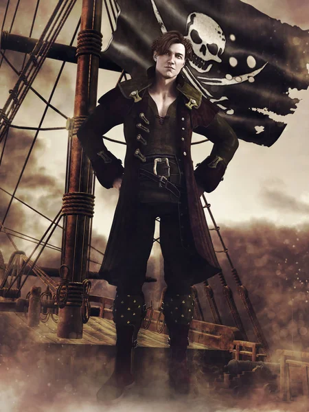 Arkasında Korsan Bayrağı Olan Eski Bir Gemide Duran Fantezi Korsanı — Stok fotoğraf