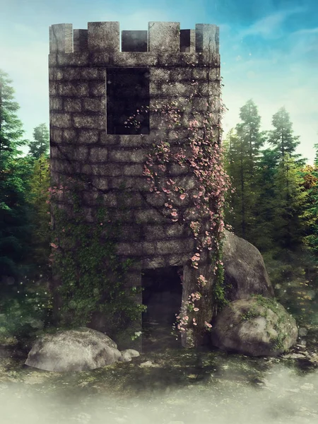 Stara Kamienna Wieża Wiosennym Bluszczem Skałami Mglistym Krajobrazie Renderowanie — Zdjęcie stockowe