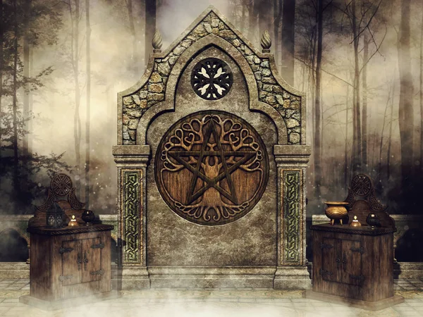 Fantasy Shrine Celtic Altar Candles Lanterns Woods Render — 스톡 사진