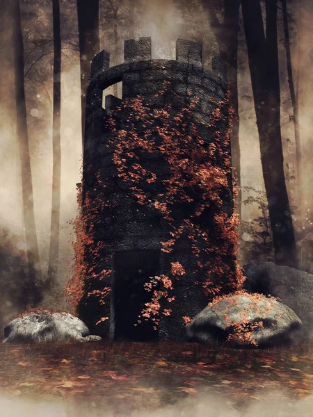 暗い森の中に一人で立ってツタと古い塔と秋のシーン 3Dレンダリング — ストック写真
