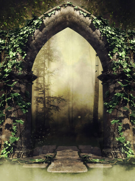 Old gothic stone gate with ivy leading to a dark forest in a foggy landscape. 3D render.