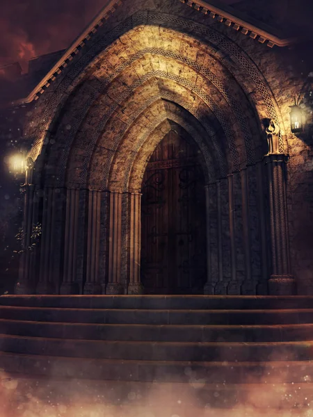 柱や提灯を持つ古いゴシック様式の礼拝堂への入り口と夜のシーン 3Dレンダリング — ストック写真