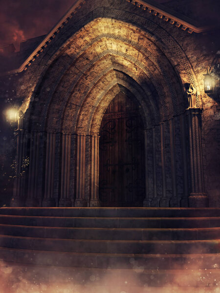 Night scene with the entrance to an old gothic chapel with columns and lanterns. 3D render.