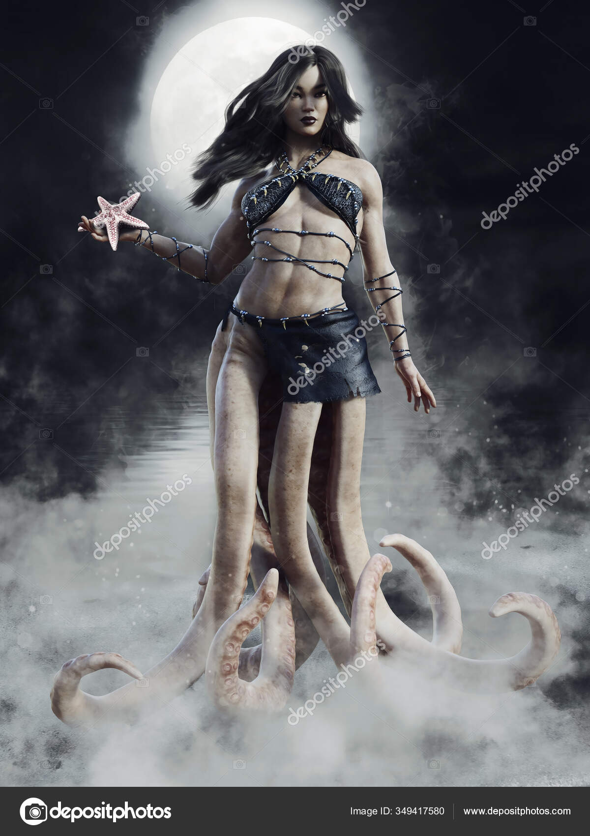 Fantasy Scene Woman Tentacles Instead Legs Standing Shore Sea Night Stock Photo By