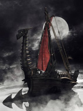 Denizde dolaşan ejderha şeklinde bir Viking gemisinin olduğu gece sahnesi. 3 Boyutlu Hazırlama.