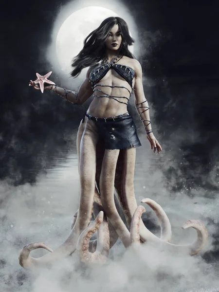 梦幻般的场景 一个有触手而不是腿的女人在夜晚站在海滨 3D渲染 — 图库照片