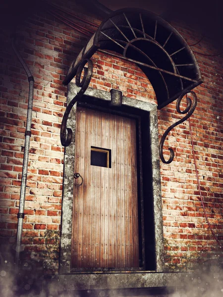 Nebelige Szene Mit Einer Alten Vintage Haustür Einem Backsteinhaus Renderer — Stockfoto