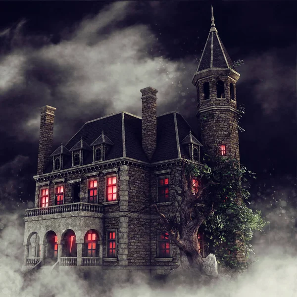 Foggy Landschap Met Een Oude Gotische Herenhuis Met Rode Gloeiende — Stockfoto