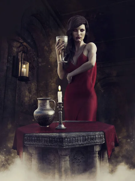 テーブルの前に立つ赤いドレスを着た吸血鬼の女性と血でいっぱいのゴブレットを持っています 3Dレンダリング — ストック写真