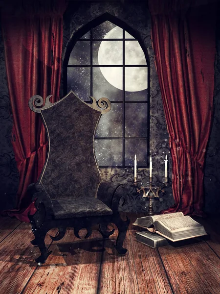 Gothic room with an old chair, books, candles and vintage curtains. 3D render.