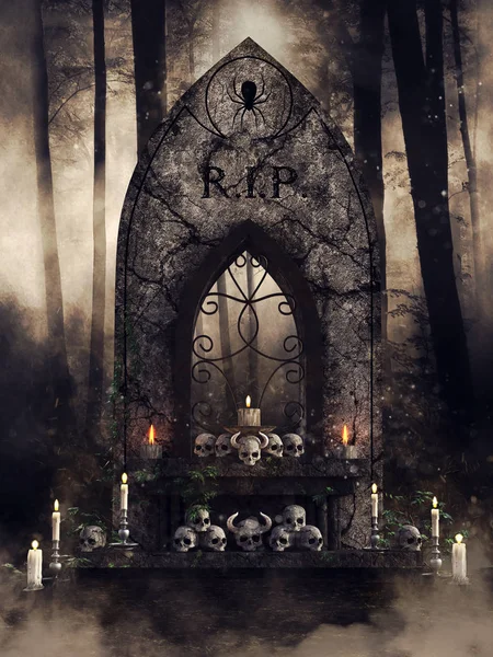 Dark Scene Gothic Altar Skulls Candles Woods Night Render — Stock Photo, Image