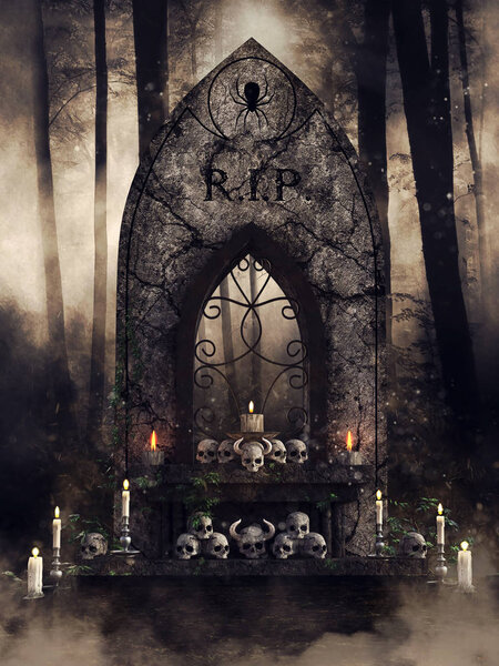 Dark scene with a gothic altar with skulls and candles in the woods at night. 3D render.