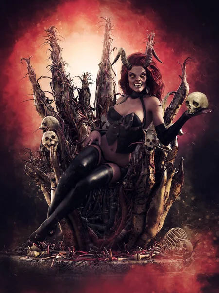 Dämonenmädchen Mit Totenkopf Auf Einem Thron Aus Knochen Und Fleisch — Stockfoto