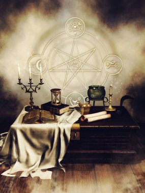 İçinde şamdan, kitap, kum saati, parşömen ve diğer simya maddeleri olan fantezi sandığı. 3 Boyutlu Hazırlama.