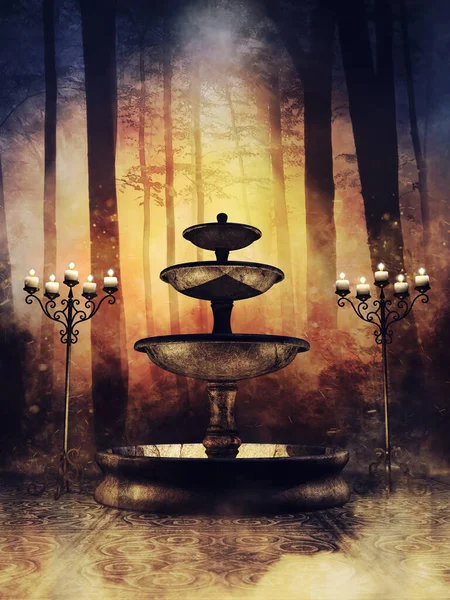 哥特式场景 有一个古老的石泉 烛台和日落时的森林 3D渲染 — 图库照片