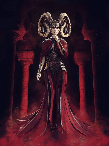幻想中的女巫穿着红色衣服站在红雾中的石庙中 3D渲染 — 图库照片