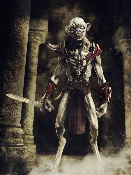 Goblinkrieger Der Mit Einem Kurzen Schwert Zwischen Säulen Einem Fantasieschloss — Stockfoto