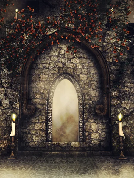 Gothic Stone Wall Red Rose Ivy Candles Night Render — Stock Photo, Image