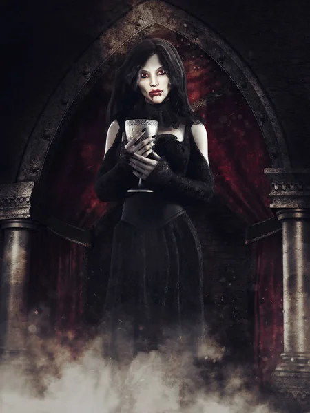 Gothic Scene Vampire Girl Standing Chalice Old Mansion Render — Stock Photo, Image