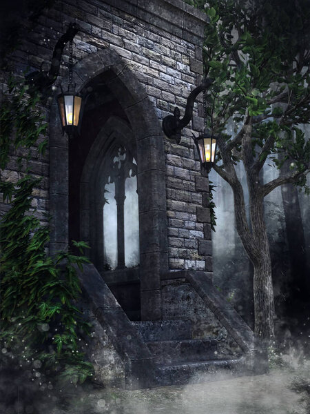Gothic chapel with lanterns, ivy and a tree in the forest at night. 3D render.