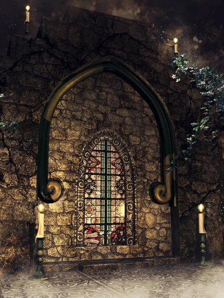 Night Scene Gothic Wall Ivy Candles Render — Stock Photo, Image