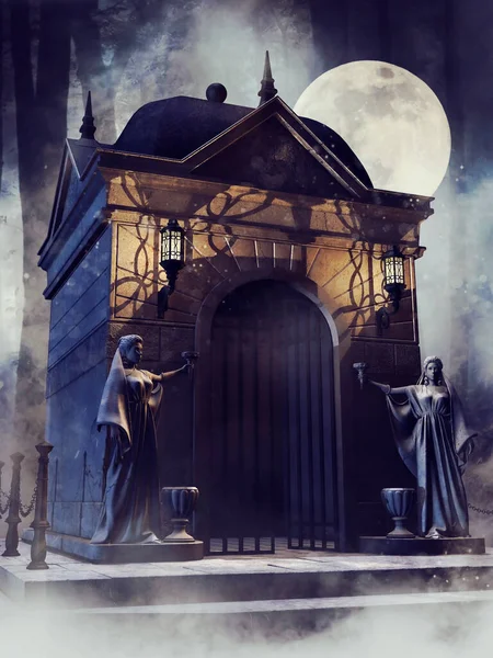 Nachtscène Met Een Gotische Kapel Met Stenen Beelden Van Vrouwen — Stockfoto