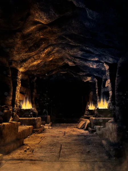 Couloir Sombre Dans Une Mine Fantasmée Avec Des Torches Brûlantes — Photo