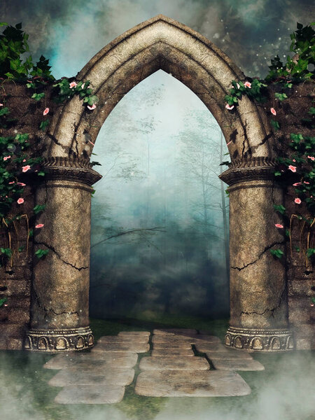 Foggy scene with a garden arch with blooming flowers and green vines. 3D render.