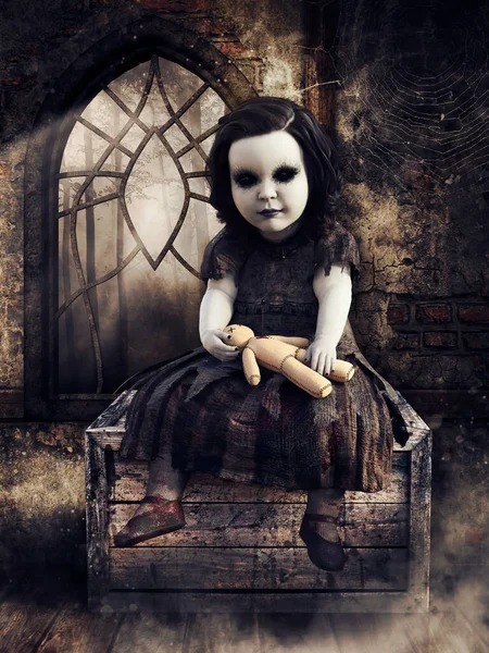 Camera Oscura Con Bambino Zombie Possesso Una Bambola Voodoo Seduto — Foto Stock