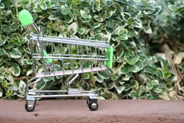 Mini Shopping Trolley Table Shines Sun Symbolizing Marketing Shopping Concept — Stock Photo, Image