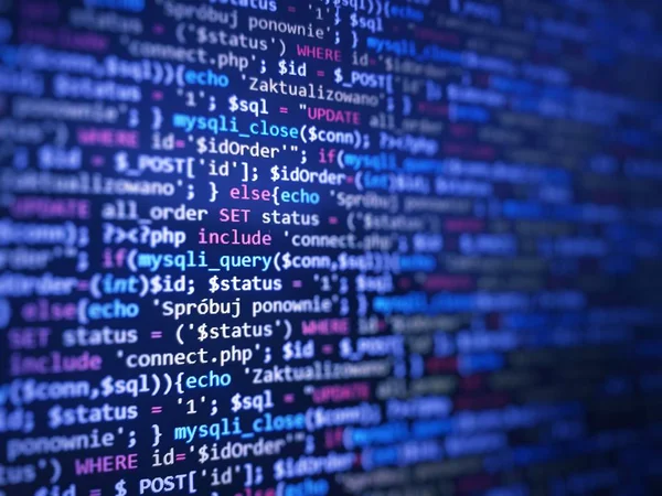 Mavi eşsiz bir arka plan. Doktorayı dizüstü bilgisayar ekranında programlıyorum. Sitenin program kodu Php Html Css. Dizüstü bilgisayarda bilgisayar kodu (web geliştirme). Web sitesi şablonu, seçici odak.