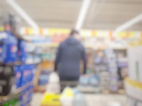 Wnętrze Supermarketu Produktem Spożywczym Rozmyte Nieostre Tło Oświetleniem Bokeh — Zdjęcie stockowe