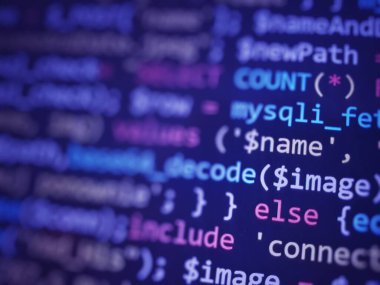 Yazılım geliştirici programlama kodu. Soyut bilgisayar komut dosyası kodu. Mavi renk. 