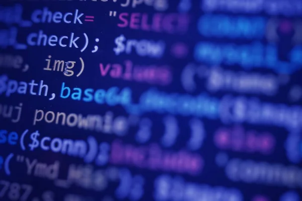 Software developer programming code. Abstract computer script code. Blue color.