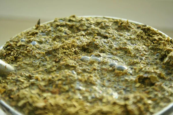 Closeup Green Yerba Mate Flooded Yerba Mate Tea Leaves Brewed — Stock Photo, Image