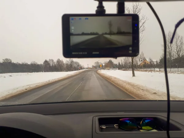 Kamera Cctv Dla Bezpieczeństwa Szybie Samochodu Zimie — Zdjęcie stockowe