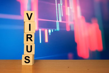 Coronavirus konsept geçmişi. Kırmızı borsa çizelgesi, iş dünyası, kriz, VIRUS 'un tahta küp bloklar üzerindeki metni ile ekonomik.