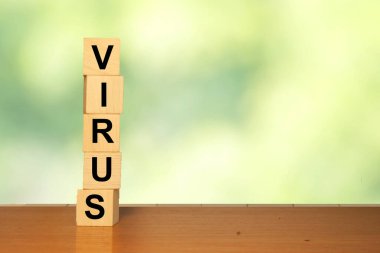 Coronavirus konsept geçmişi. Tahta küp bloklar üzerinde metin VIRUS ile doğa arkaplanı.